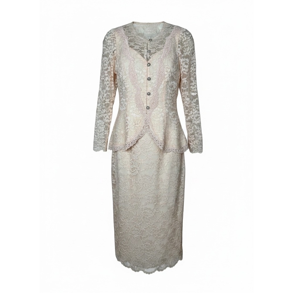 Cachet by Bari‎ Protas Vintage Lace Skirt Suit Set Pink Peplum Jacket Midi 5/6